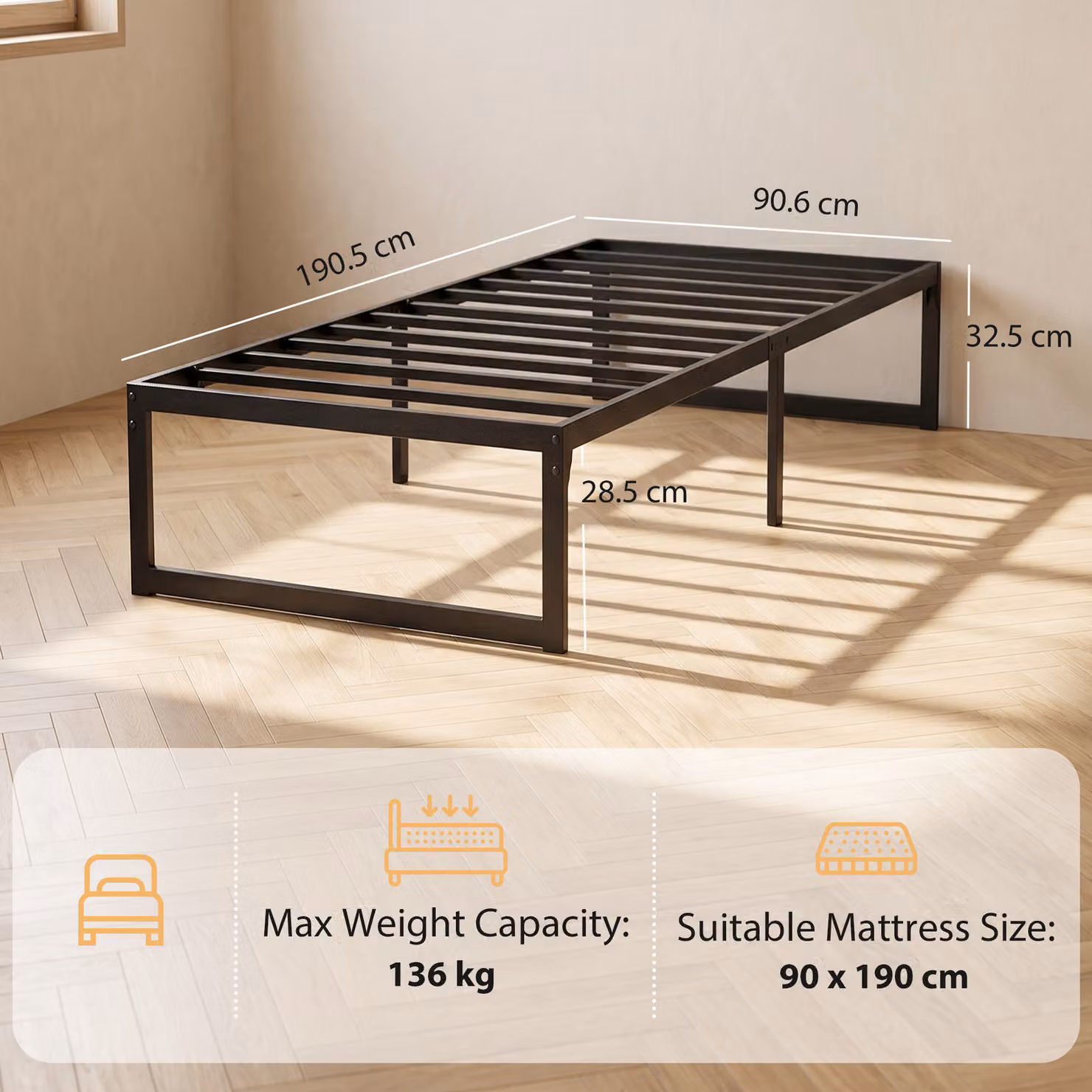 HOMCOM Single Bed Frame with Underbed Storage and Steel Slat Support, Black, W/D/H: 90 x 190 x 32.5 cm – 3