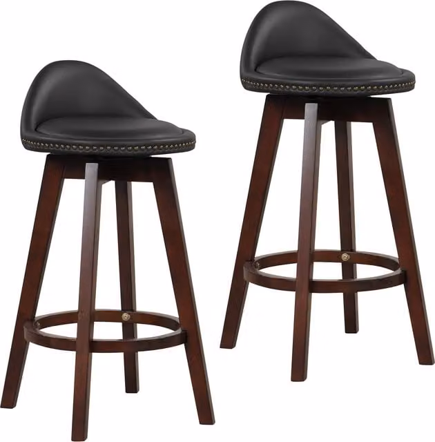 Costway Set of 2 Black Swivel Padded Bar Stools with Synthetic Leather and Rubberwood Legs