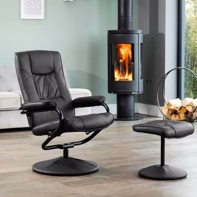 Artemis Home Gibson Swivel Recliner and Footstool in Black Synthetic Leather