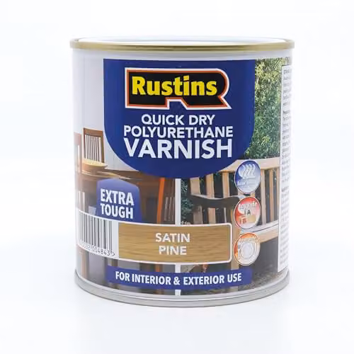Rustins Quick Dry Polyurethane Varnish Satin Pine, 500ml, Water-Based Brown Semi-Transparent Finish