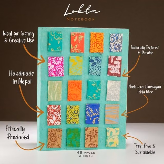 Lokta Mini Tile Notebook, Teal Bright and Petrol Multicolour, Hardcover, 45 Leaves, W: 21 cm x H: 15 cm
