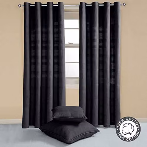 Homescapes Black Rajput Eyelet Curtain Pair in 100% Cotton, Width: 140 cm, Drop: 137 cm – 3
