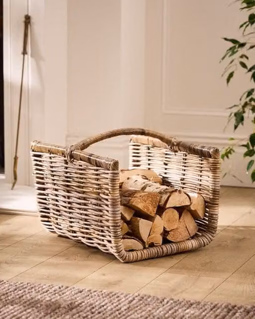 Dibor Aranos Open Ended Fireplace Log Storage Basket, Small, Natural Rattan with Handles – 1