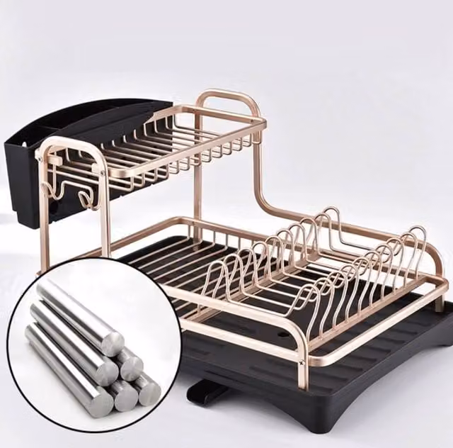 Garden Sanctuary 2 Tier Dish Drying Rack with Drip Tray and Cutlery Holder in Rose Gold