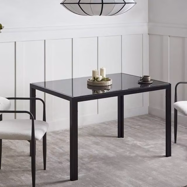 Wyld and Coco Modern Rectangular Dining Table with Black Glossy Tempered Glass Top, W: 120 cm, D: 80 cm, H: 75 cm
