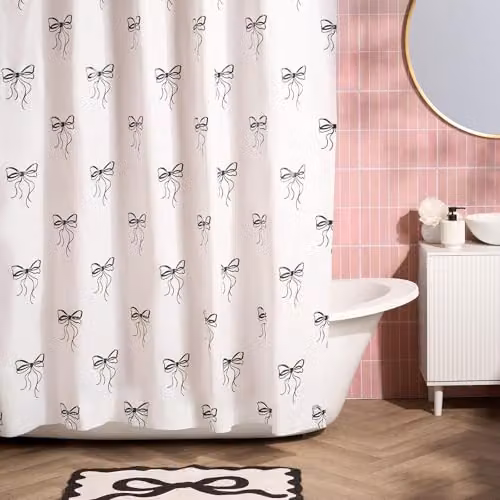 OHS Bow Print Waterproof and Mould Resistant Shower Curtain in Black and White, W/H: 180 x 180 cm