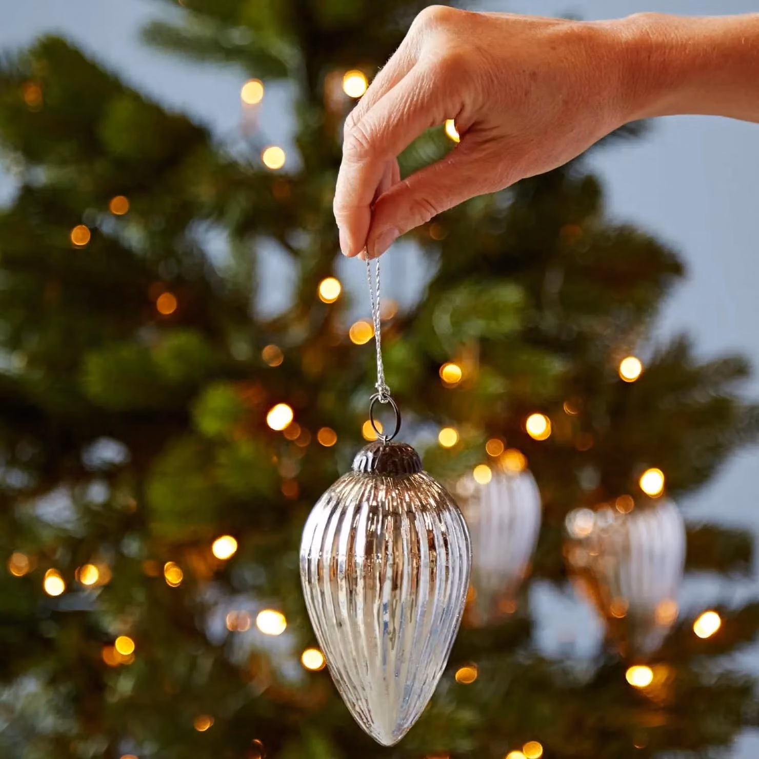 Paper High Set of 3 Silver Antique Effect Glass Teardrop Christmas Bauble Hanging Ornaments – 3