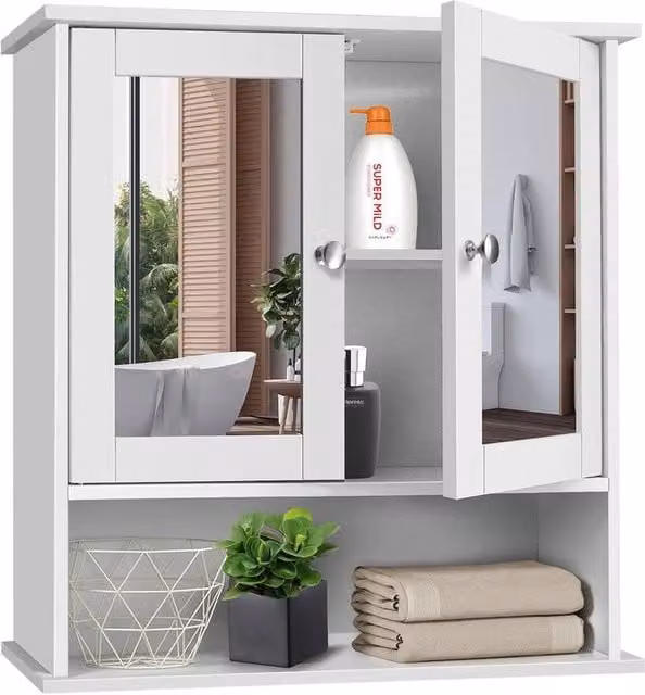 FORGEVIO Modern White MDF Wall Mounted Bathroom Cabinet with Double Mirror Doors