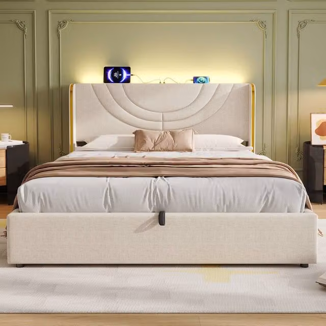 Merax Beige Upholstered Double Hydraulic Storage Bed with LED Lighting and USB Charging Station, W/D/H: 140 x 200 x 145 cm