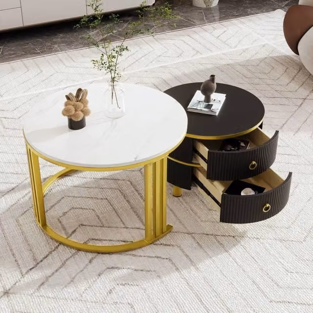 Merax Modern 2-Piece Round Nesting Coffee Table Set with Black Marble Effect Top and Metal Sled Base