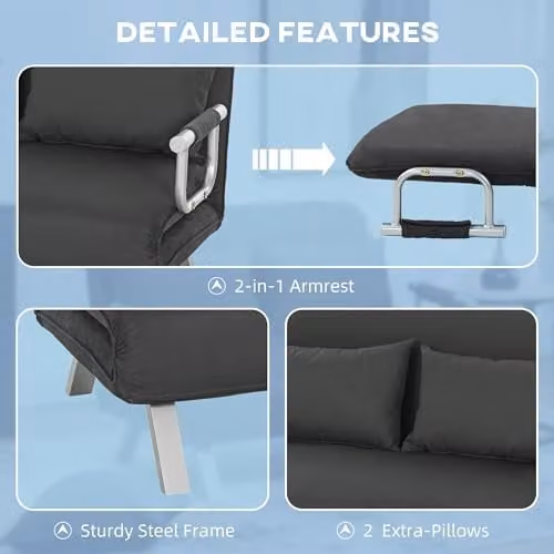 HOMCOM 2 Seater Click Clack Convertible Sofa Bed in Anthracite Grey Microfibre with Metal Frame – 5