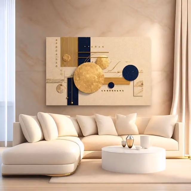 Mafett Modern Geometric Abstract Canvas Wall Art Print in Gold, Blue and Beige