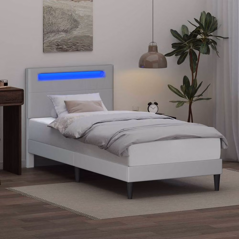 Berkfield Home Modern White Faux Leather Bed Frame with LED Strip Lights and USB Charging Port, W/D/H: 90 x 190 cm – 2
