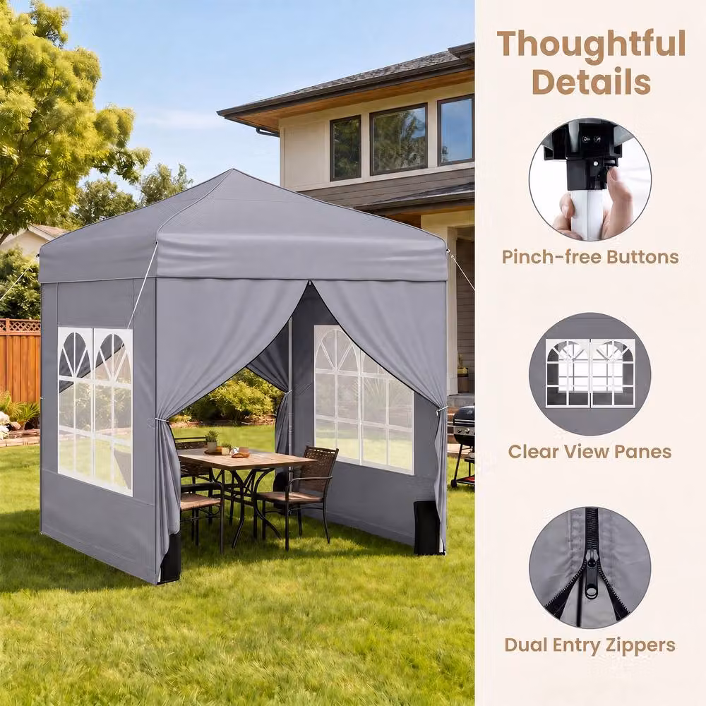 Gymax Grey Pop Up Camping Tent Sunshade Shelter with 4 Sidewalls and Windows, W/D/H: 194 x 194 x 236 cm – 4