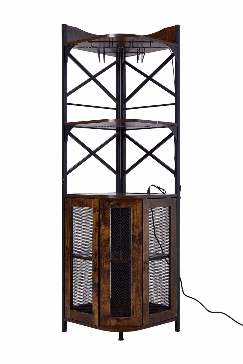 Living and Home 5-Tier Corner Bar Cabinet with Glass Doors, Integrated LED Lighting and Built-in Power Outlet in Dark Brown – 4