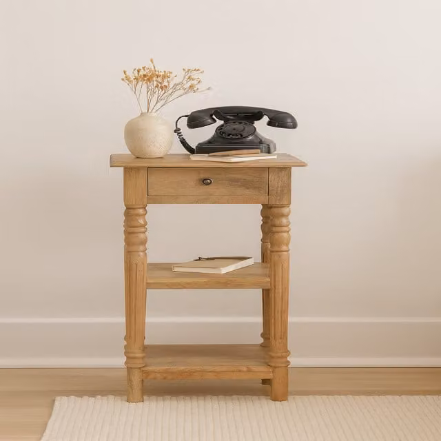 Artisan Furniture Classic Solid Mango Wood Telephone Table with Turned Legs in Beige and Brown