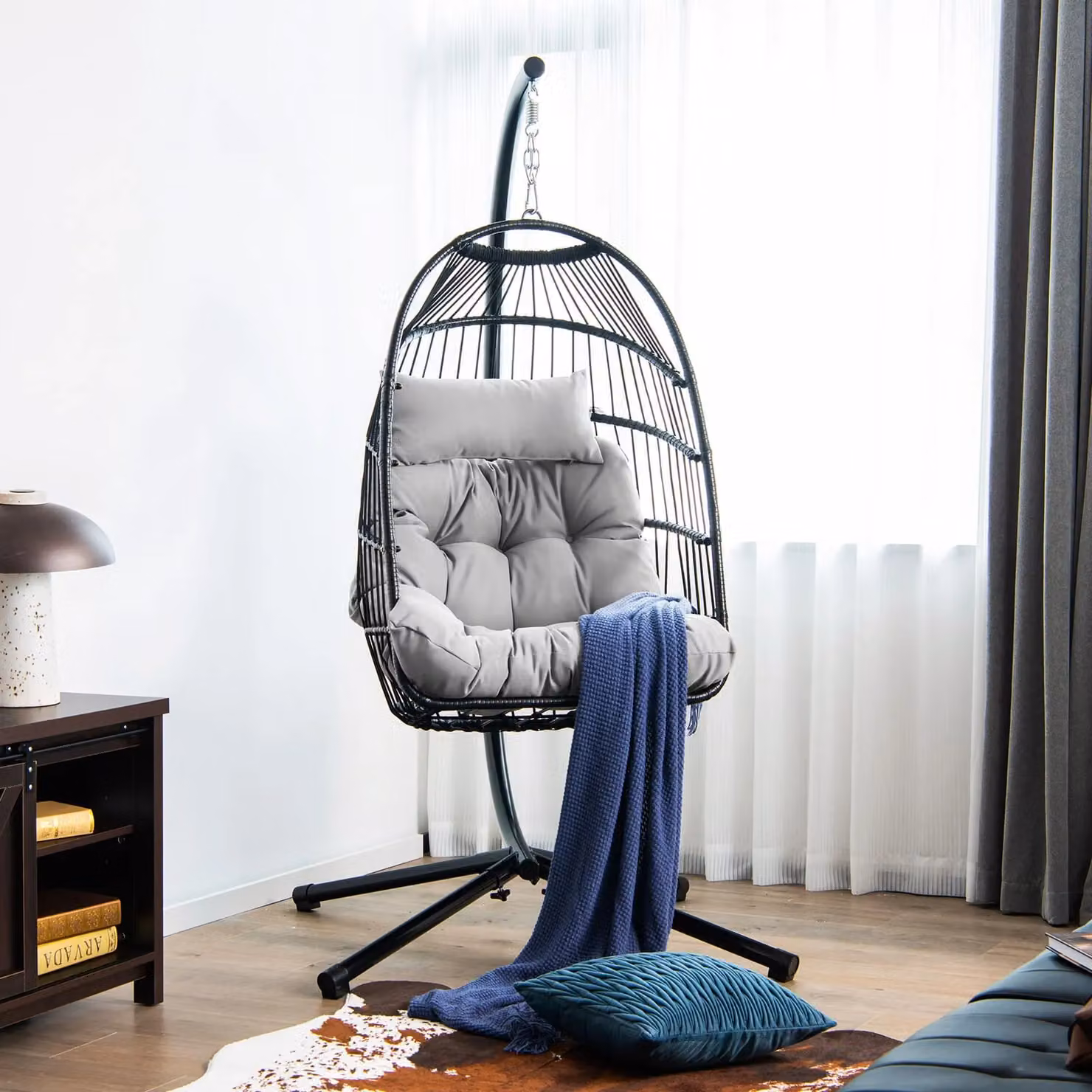 Costway Grey Hanging Egg Swing Chair with Stand, Cushions and Dust Cover – 3