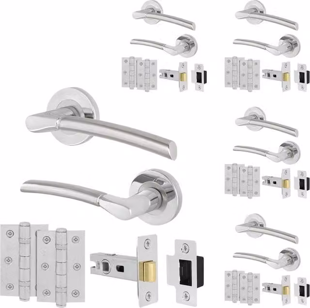 AFIT Chrome Door Handle Satin Nickel Feature Lever Pack in Silver with 5 Latches and Hinges – 1