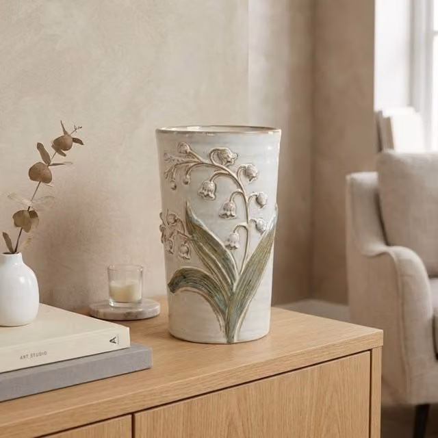 Garden Greatness White Ceramic Embossed Floral Tabletop Vase in Multicolour, H 24.0 cm x W 14.5 cm x D 14.5 cm
