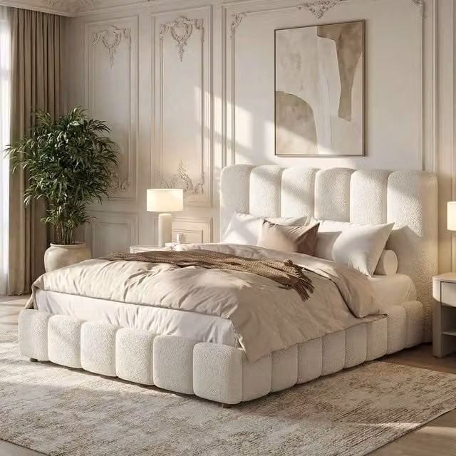 Merax White Bouclé Upholstered Double Ottoman Bed with Lift Up Base, W/D/H: 140 x 200 x 135 cm – 1