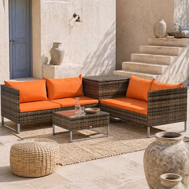 Wyld Haus Vemato 4 Seater Rattan Garden Sofa Set with Storage Table in Orange and Brown – 1