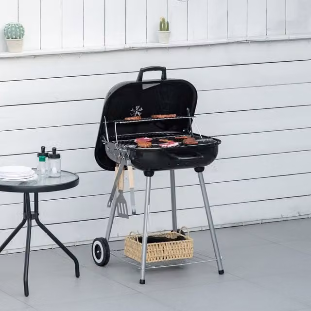Outsunny Charcoal Smoker BBQ Grill in Black with Enamelled Steel and Wheels