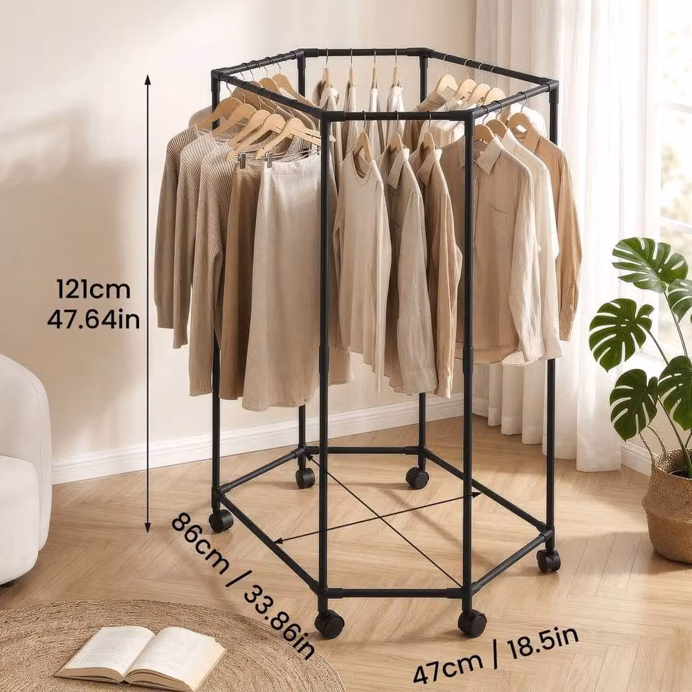 VOGREX Double Layer Hexagonal Rotating Clothes Rack with Wheels in Matt Black – 2