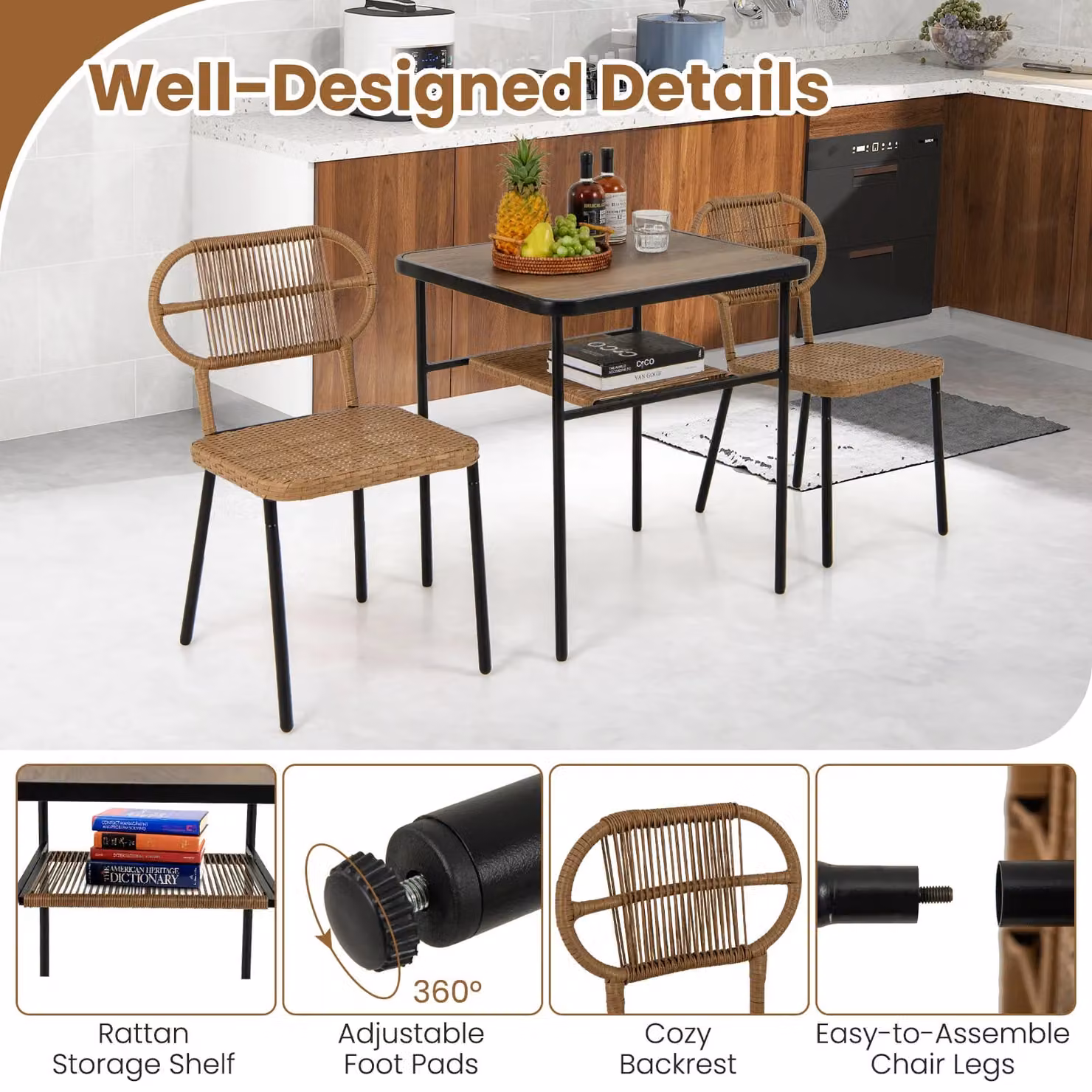 Gymax Brown Rattan Patio Dining Set with 2 Stackable Wicker Chairs and Dining Table – 2