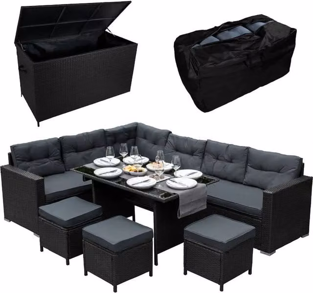 Monstershop Rattan Corner Set and Storage Box in Black and Grey