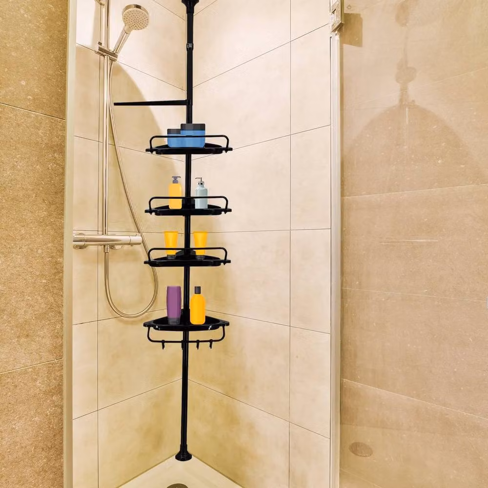 KORVIXA Black 4 Tier Telescopic Wall Mounted Corner Bathroom Shelf with Adjustable Metal Shelves – 3