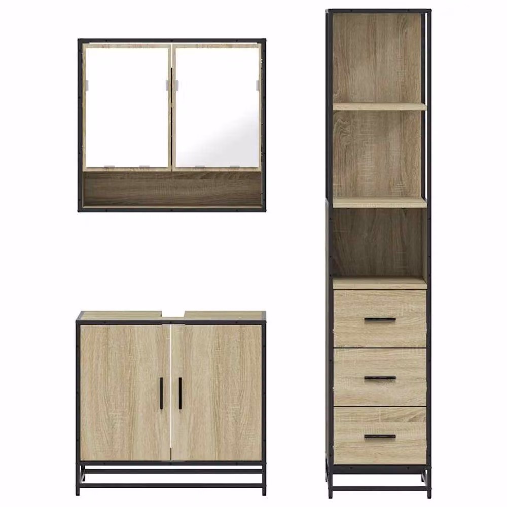 Berkfield Home 3 Piece Industrial Bathroom Furniture Set in Brown with Mirror Cabinet, Vanity Unit and Tall Cabinet – 2