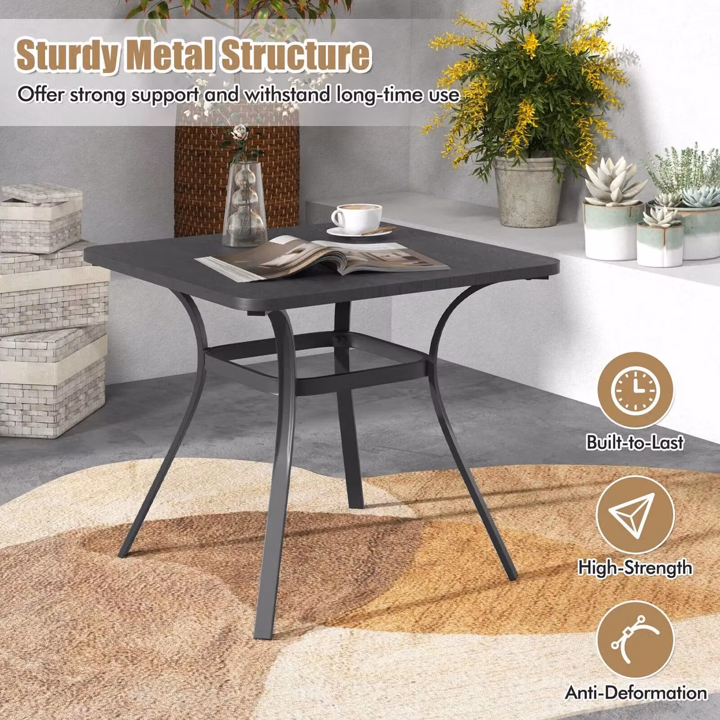 Costway Grey Metal Square Patio Dining Table with 4 Curved Legs – 4
