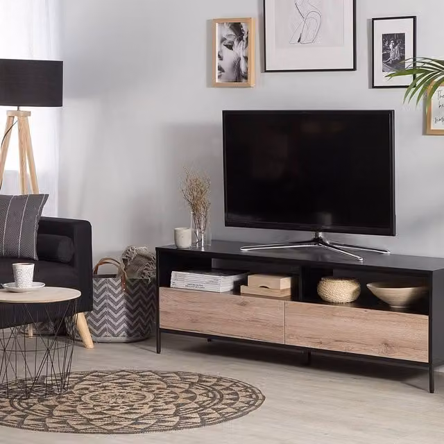 Wyld and Coco Nordic Scandinavian TV Stand in Light Timber with Black Metal Frame and 2 Drawers, Width: 150 cm