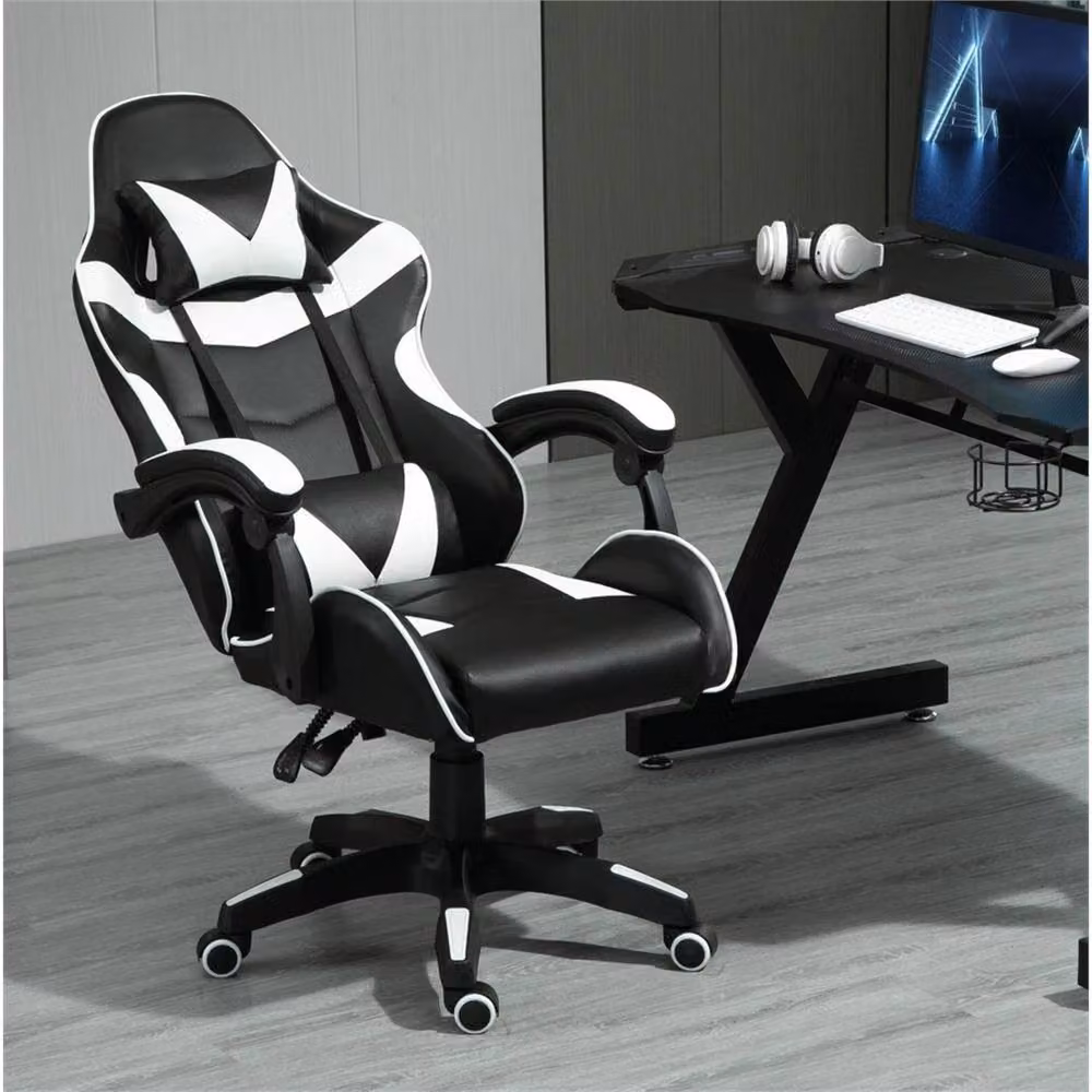 Nordara White and Black Faux Leather Swivel Gaming Chair with Headrest for Home Office and Sports Desk – 2