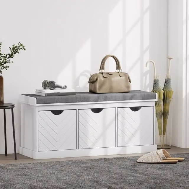 HOMCOM Modern Shoe Storage Bench with 3 Removable Fabric Drawers in White