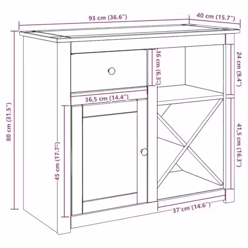 vidaXL PANAMA Sideboard with Drawer in Brown Solid Pine Wood, W/D/H: 93 x 40 x 80 cm – 3