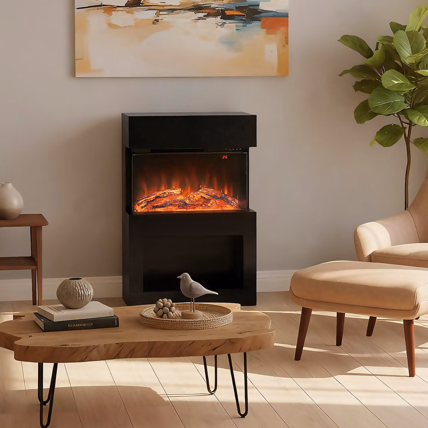 HOMCOM Black Electric Fireplace with 3D Flame Effect, 6 Colours and 3 Brightness Levels, 2000W Mantel Design with 3-Sided View and Remote Control – 2