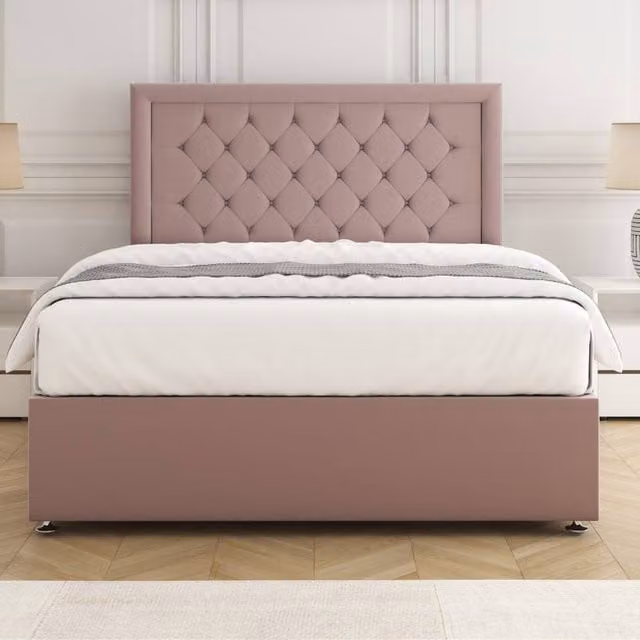 BSSPOKE Nova Plush Velvet Divan Bed Set with 24 inch Headboard and Mattress in Pink, W/D/H: 140 x 200 cm