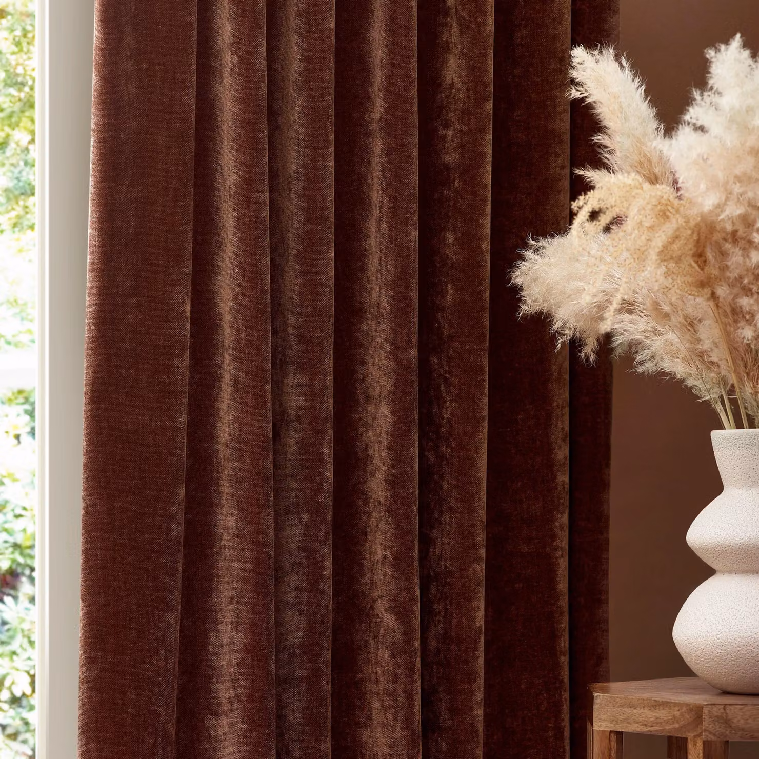 Yard Heavy Chenille Velvet Pencil Pleat Room Darkening Curtains in Brown, Width: 168 cm, Drop: 229 cm – 3