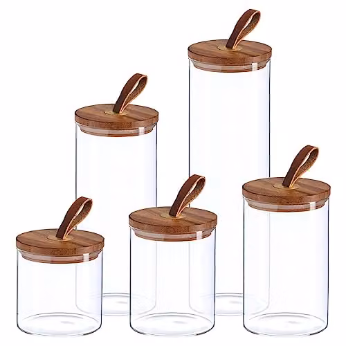 Argon Tableware Scandi Airtight Glass Storage Jar Set with Wood and Silicone Lids, 5 Pieces, Transparent – 1