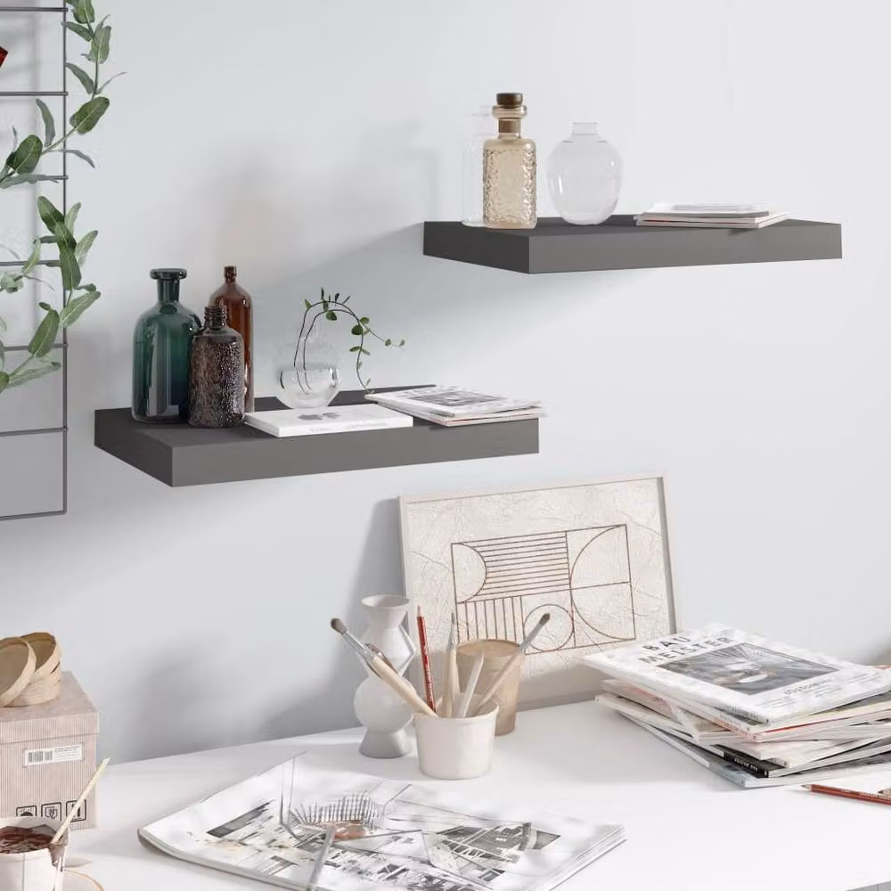 Berkfield Home Set of 2 Floating Wall Shelves in High Gloss Grey, W/D/H: 40 x 23 x 3.8 cm – 2