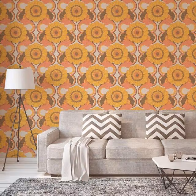 A.S. Création Retro 70s Floral and Botanical Wallpaper in Yellow, Brown and Orange