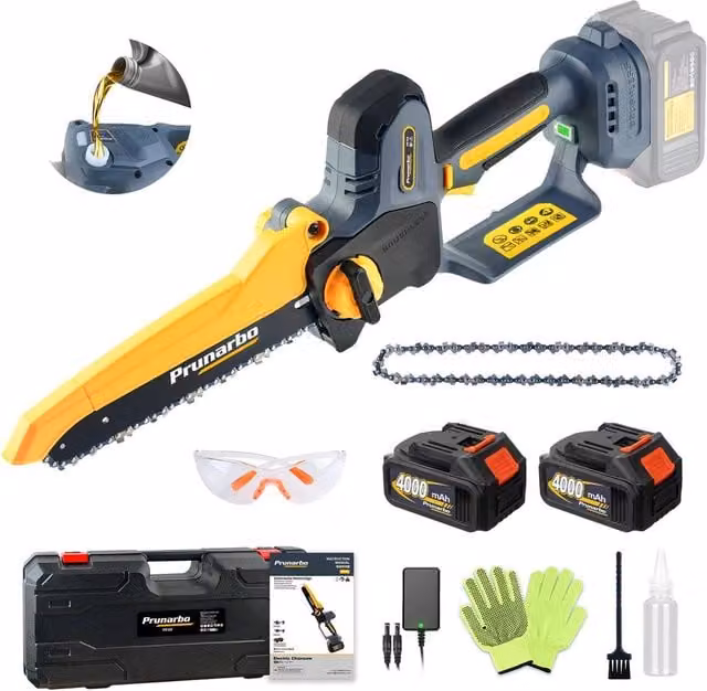 Prunarbo Powerful Mini Chainsaw Kit in Black with 2 x 4.0Ah Rechargeable Batteries – 1