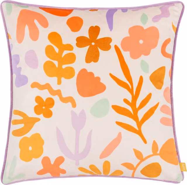 Amelie Doodles Floral Velvet Square Cushion with Feather Filling in Multicolour White and Orange