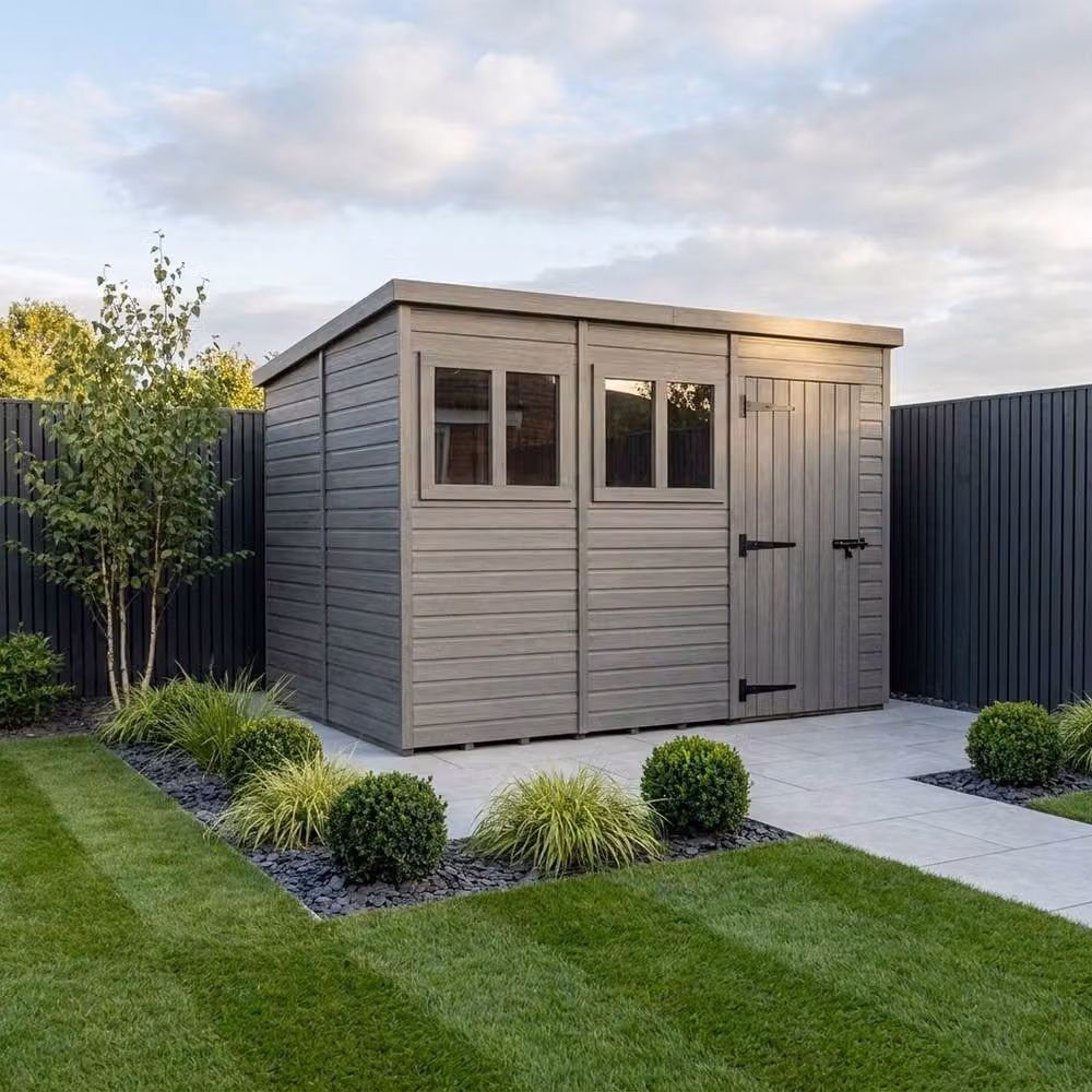 Buttercup Farm Grey Composite Pent Garden Shed with Single Door and Windows W: 365.76 cm, D: 274.32 cm, H: 210 cm – 1