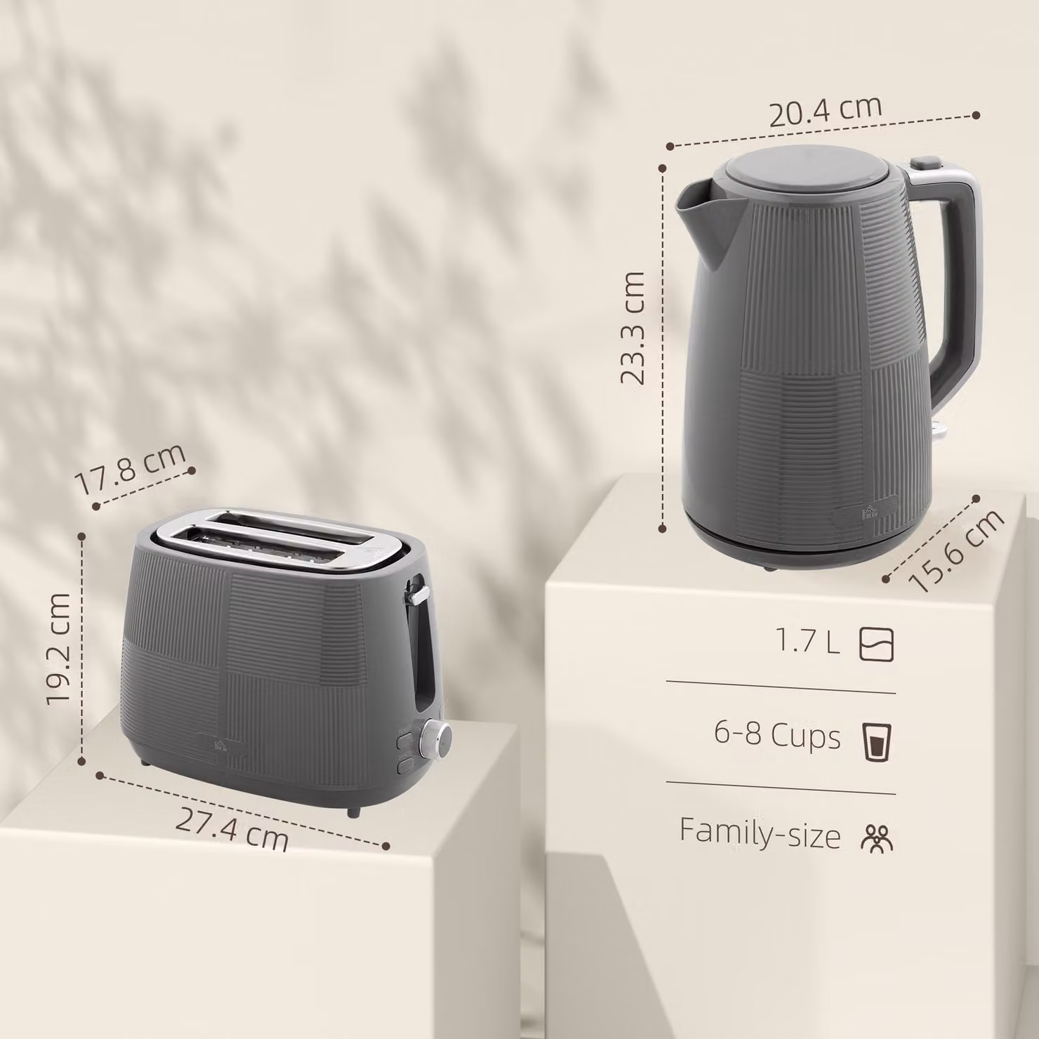 HOMCOM Kettle and Toaster Set in Grey, featuring a 1.7L 3000W Fast Boil Kettle and a 2-Slice Toaster with Defrost and Reheat functions – 3