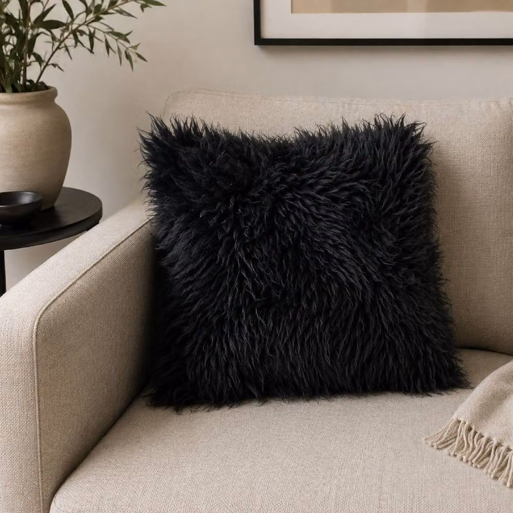 SNUGRUGS Soft Long Curly Wool Sheepskin Cushion with Cotton Backing and Inner, Dark Grey, W/D/H: 50 x 50 x 50 cm – 2