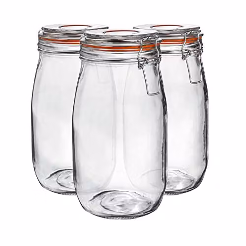 Argon Tableware Set of 6 Transparent Glass Storage Jars with Airtight Stainless Steel Clip Lids, 1.5 l