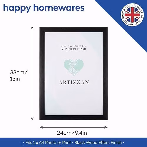 Happy Homewares Modern Black Wood Effect A4 Certificate Frame for Wall Hanging or Table Display W: 21 cm, H: 30 cm – 4