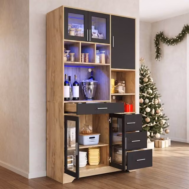 STILVORA Modern Black Kitchen Sideboard with Integrated LED Lighting and Power Outlet – 1